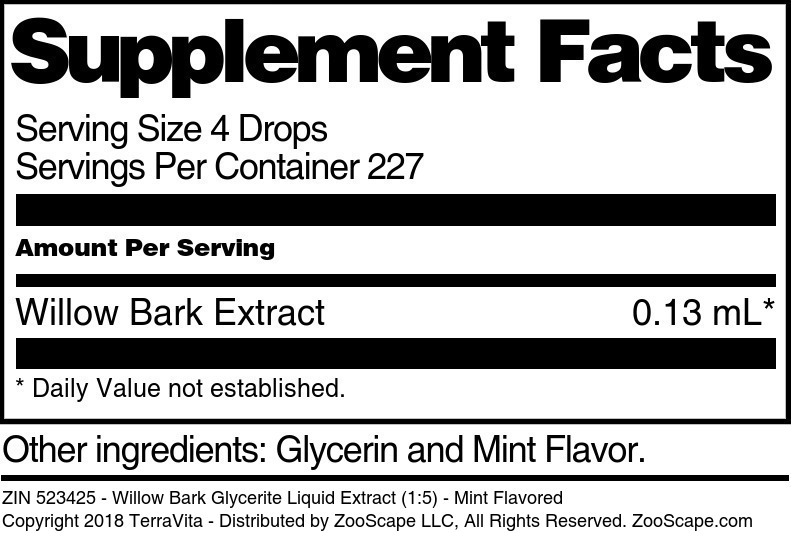 Willow Bark Glycerite Liquid Extract (1:5) - Supplement / Nutrition Facts