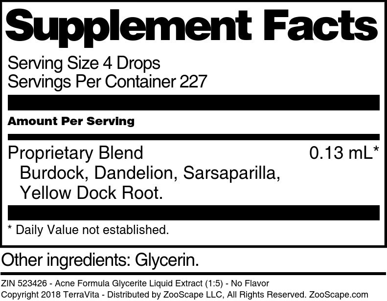 Acne Formula Glycerite Liquid Extract (1:5) - Supplement / Nutrition Facts