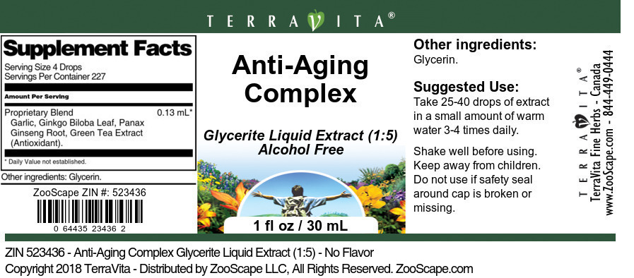 Anti-Aging Complex Glycerite Liquid Extract (1:5) - Label