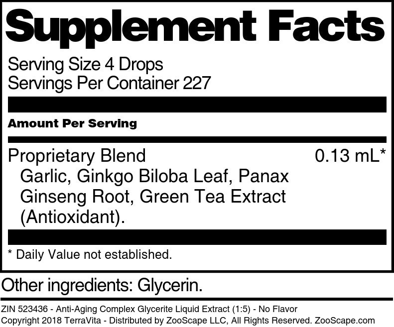 Anti-Aging Complex Glycerite Liquid Extract (1:5) - Supplement / Nutrition Facts