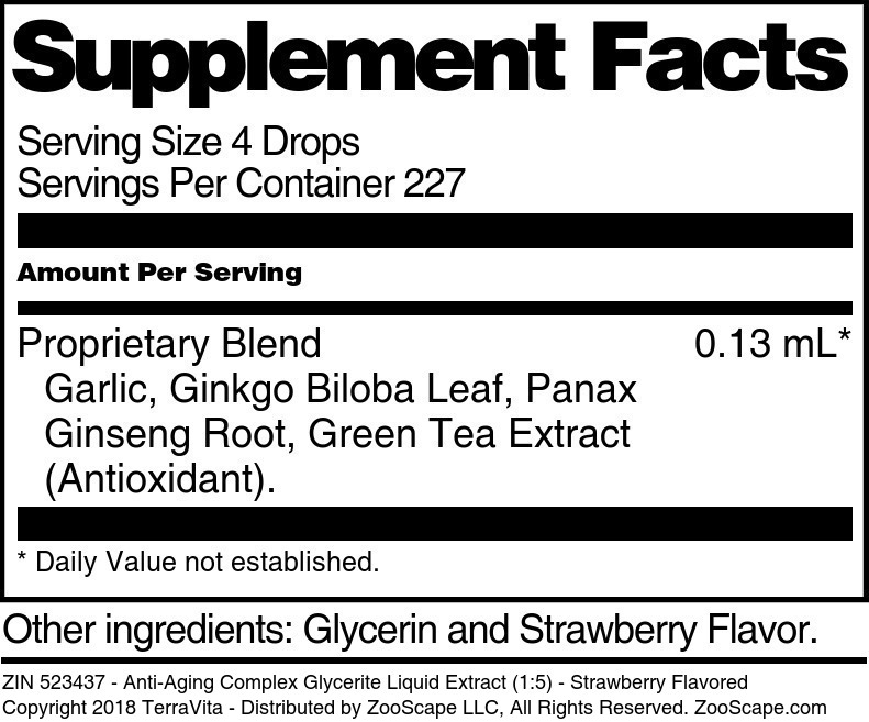 Anti-Aging Complex Glycerite Liquid Extract (1:5) - Supplement / Nutrition Facts