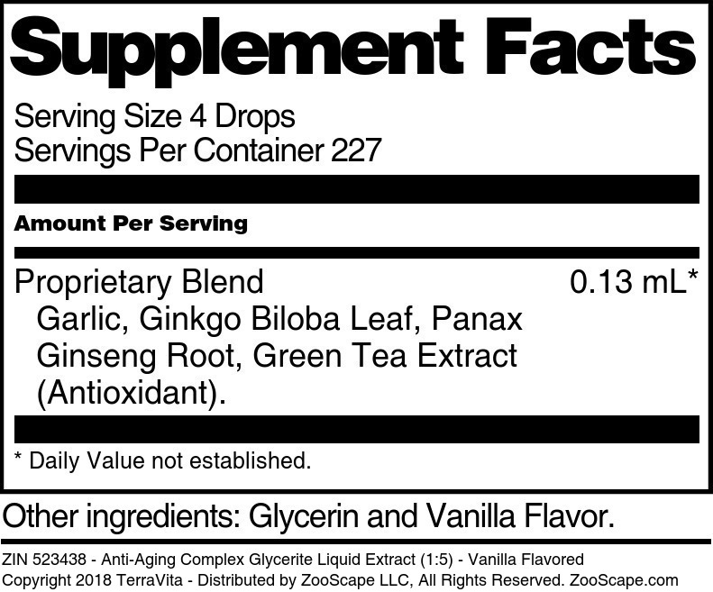 Anti-Aging Complex Glycerite Liquid Extract (1:5) - Supplement / Nutrition Facts