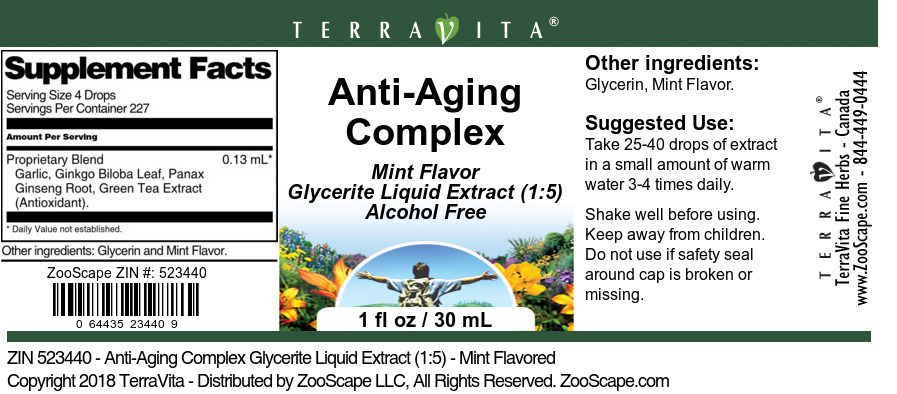 Anti-Aging Complex Glycerite Liquid Extract (1:5) - Label