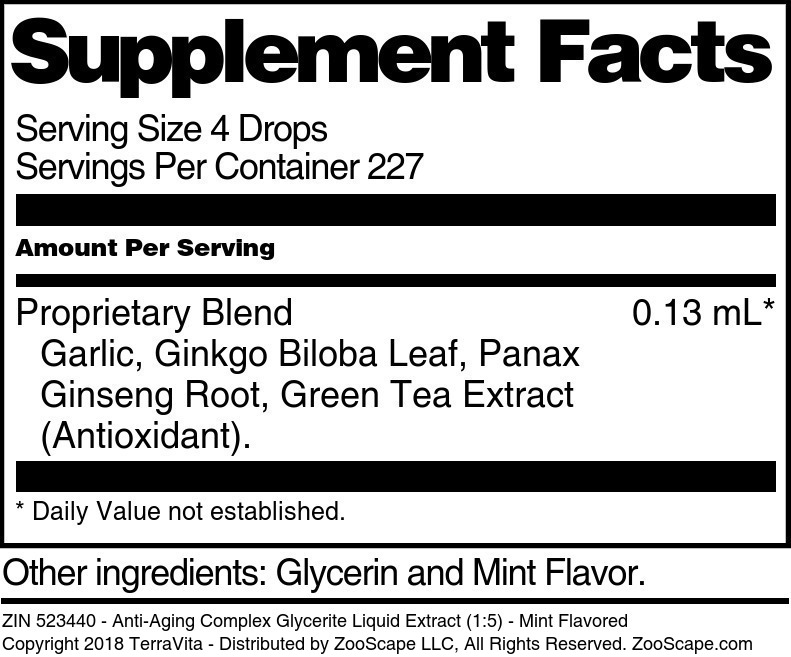 Anti-Aging Complex Glycerite Liquid Extract (1:5) - Supplement / Nutrition Facts
