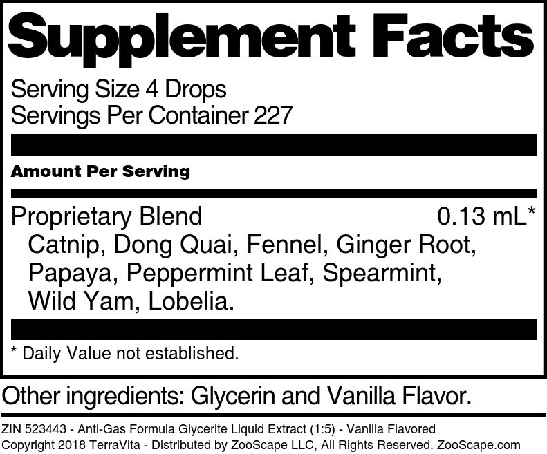 Anti-Gas Formula Glycerite Liquid Extract (1:5) - Supplement / Nutrition Facts