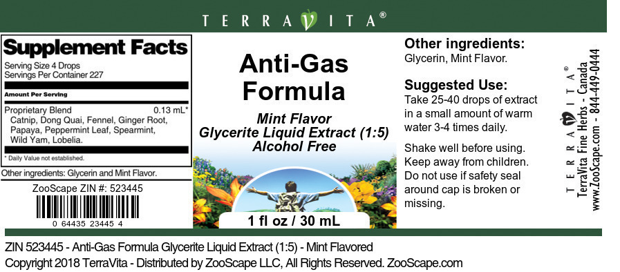 Anti-Gas Formula Glycerite Liquid Extract (1:5) - Label
