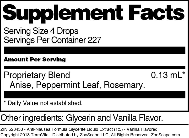 Anti-Nausea Formula Glycerite Liquid Extract (1:5) - Supplement / Nutrition Facts