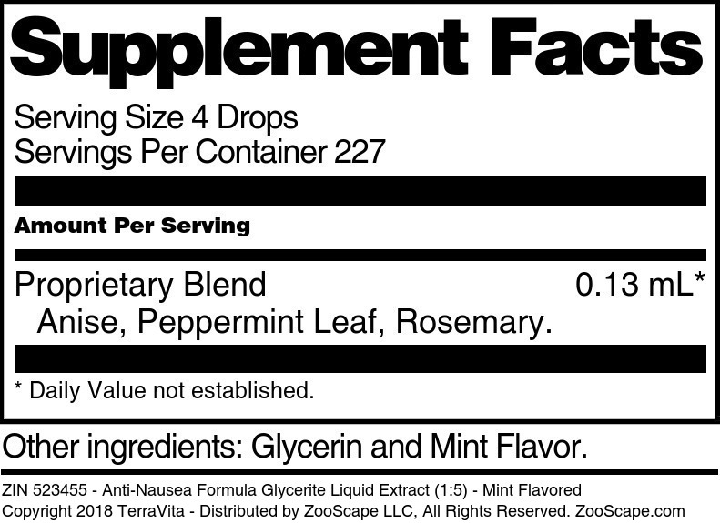 Anti-Nausea Formula Glycerite Liquid Extract (1:5) - Supplement / Nutrition Facts