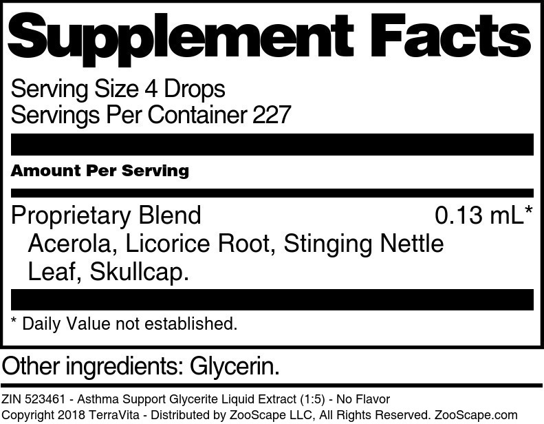 Asthma Support Glycerite Liquid Extract (1:5) - Supplement / Nutrition Facts