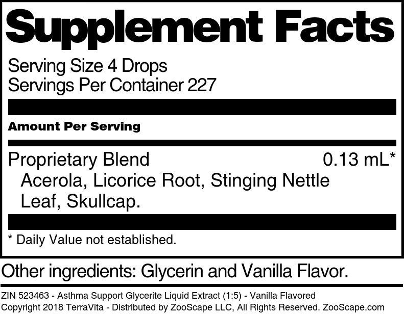 Asthma Support Glycerite Liquid Extract (1:5) - Supplement / Nutrition Facts