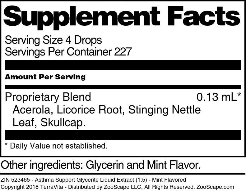 Asthma Support Glycerite Liquid Extract (1:5) - Supplement / Nutrition Facts