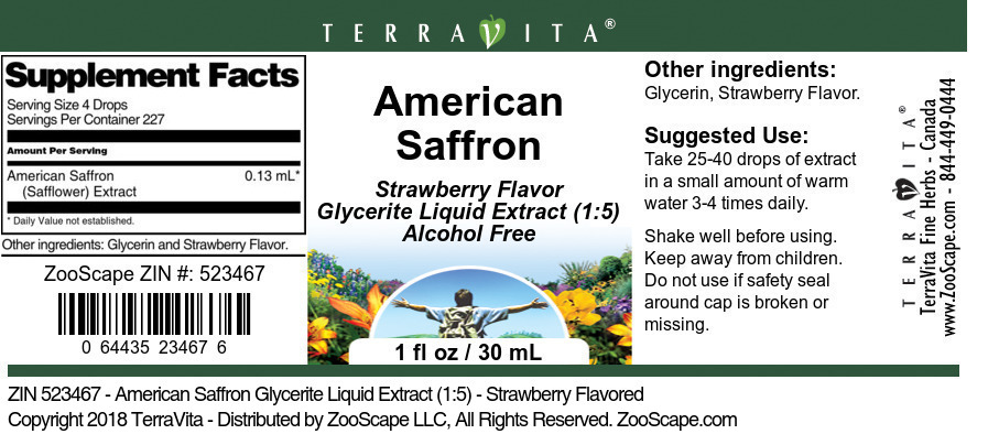 American Saffron Glycerite Liquid Extract (1:5) - Label