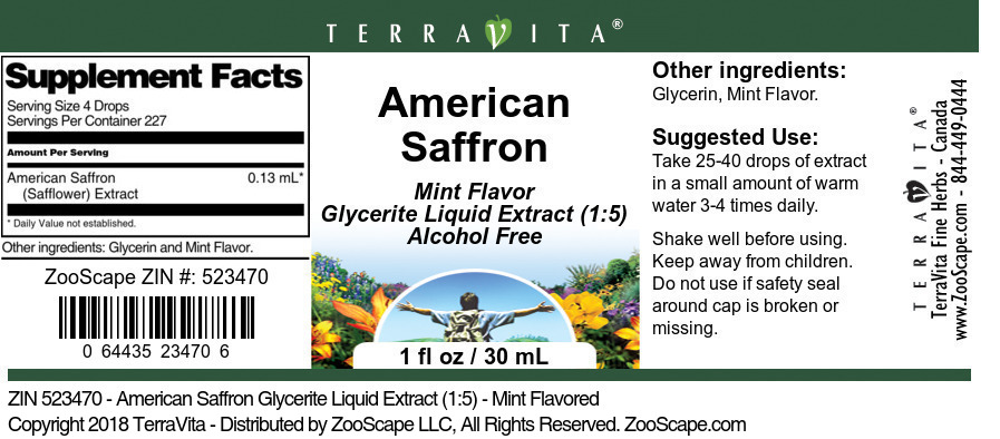 American Saffron Glycerite Liquid Extract (1:5) - Label