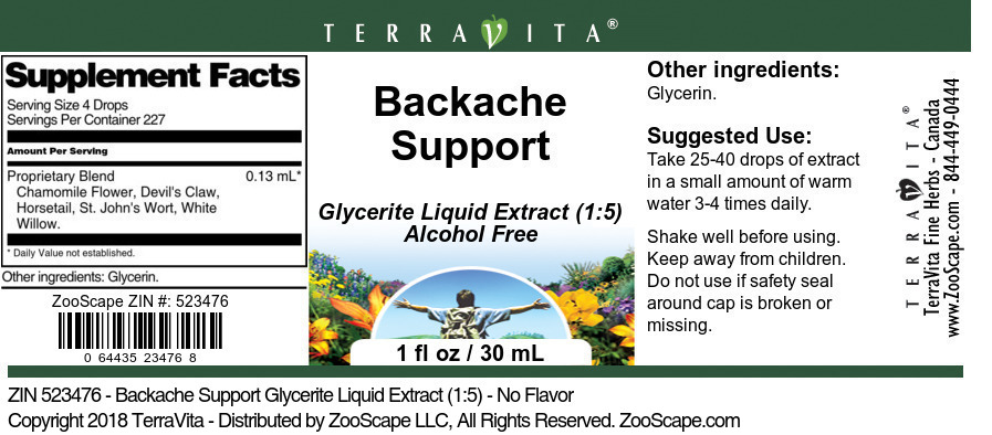 Backache Support Glycerite Liquid Extract (1:5) - Label