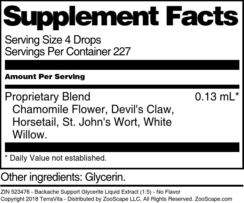 Backache Support Glycerite Liquid Extract (1:5) - Supplement / Nutrition Facts