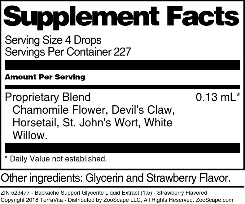 Backache Support Glycerite Liquid Extract (1:5) - Supplement / Nutrition Facts