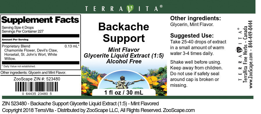 Backache Support Glycerite Liquid Extract (1:5) - Label