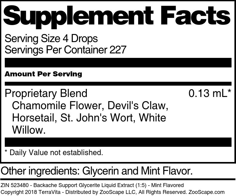 Backache Support Glycerite Liquid Extract (1:5) - Supplement / Nutrition Facts