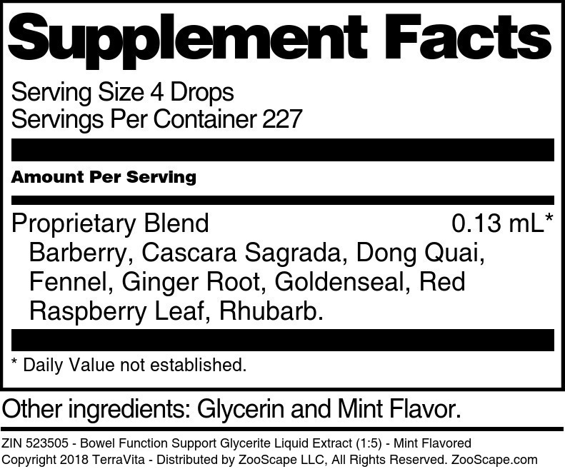 Bowel Function Support Glycerite Liquid Extract (1:5) - Supplement / Nutrition Facts