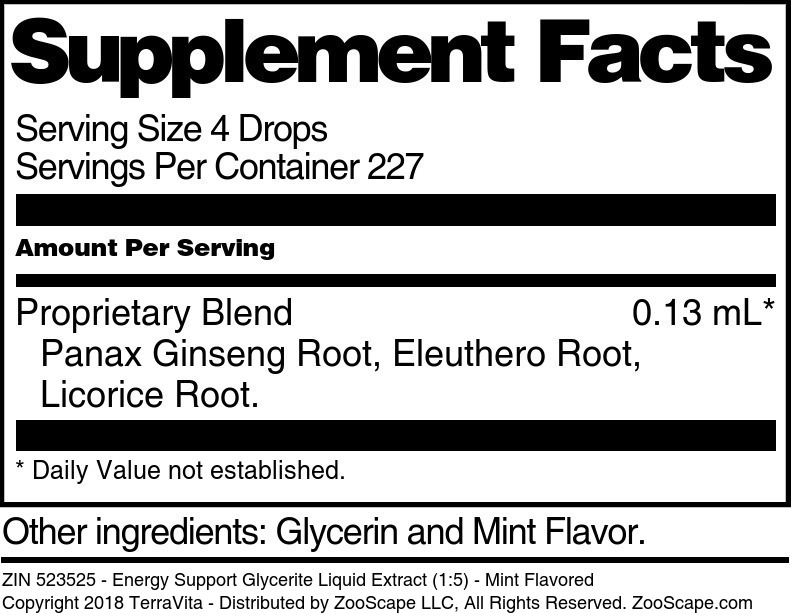 Energy Support Glycerite Liquid Extract (1:5) - Supplement / Nutrition Facts