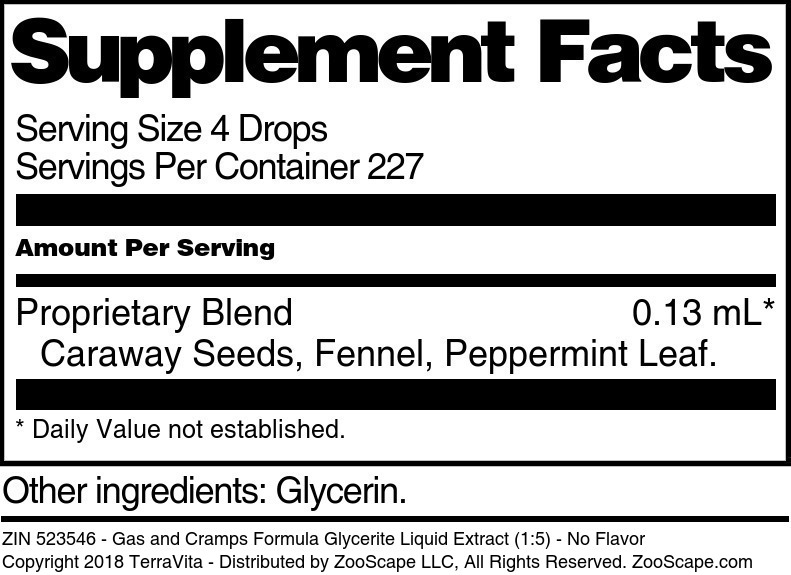 Gas and Cramps Formula Glycerite Liquid Extract (1:5) - Supplement / Nutrition Facts