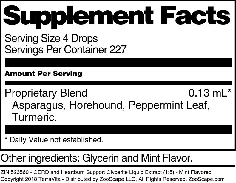 GERD and Heartburn Support Glycerite Liquid Extract (1:5) - Supplement / Nutrition Facts