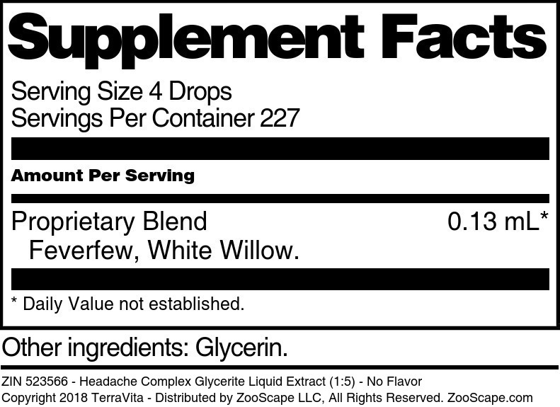 Headache Complex Glycerite Liquid Extract (1:5) - Supplement / Nutrition Facts