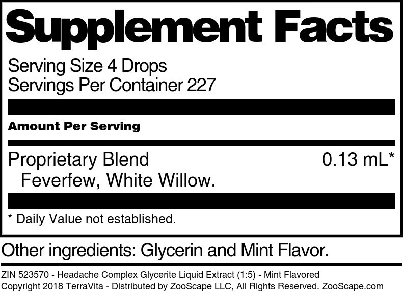 Headache Complex Glycerite Liquid Extract (1:5) - Supplement / Nutrition Facts