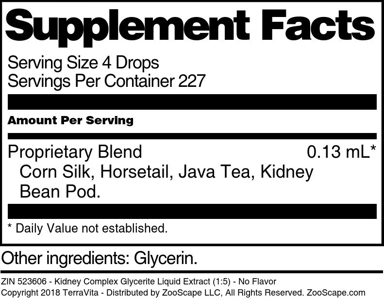 Kidney Complex Glycerite Liquid Extract (1:5) - Supplement / Nutrition Facts