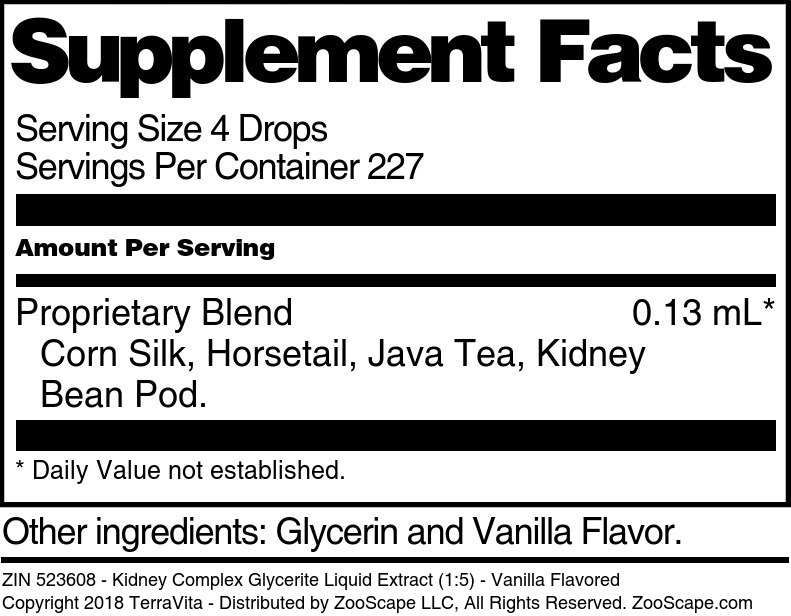 Kidney Complex Glycerite Liquid Extract (1:5) - Supplement / Nutrition Facts