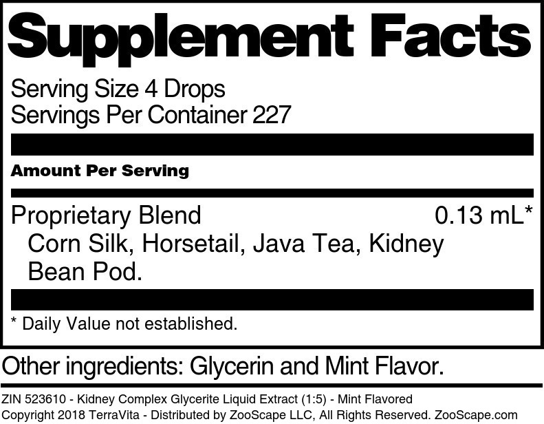 Kidney Complex Glycerite Liquid Extract (1:5) - Supplement / Nutrition Facts