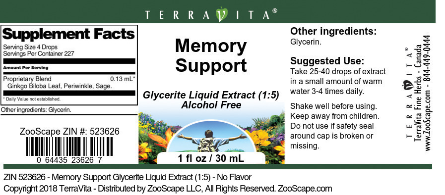 Memory Support Glycerite Liquid Extract (1:5) - Label
