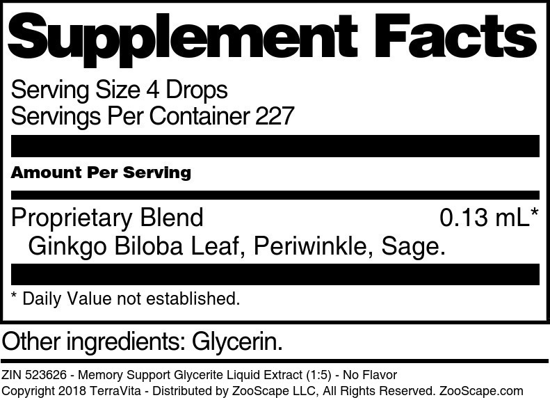 Memory Support Glycerite Liquid Extract (1:5) - Supplement / Nutrition Facts