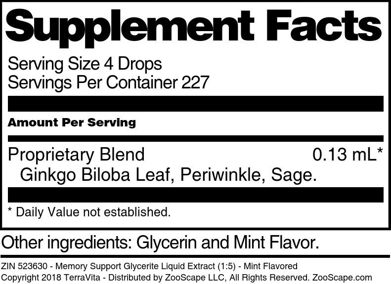 Memory Support Glycerite Liquid Extract (1:5) - Supplement / Nutrition Facts