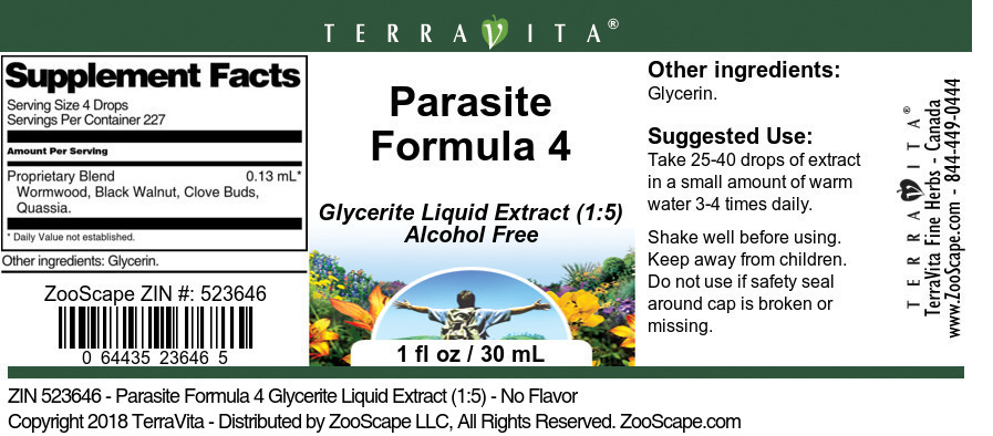 Parasite Formula 4 Glycerite Liquid Extract (1:5) - Label