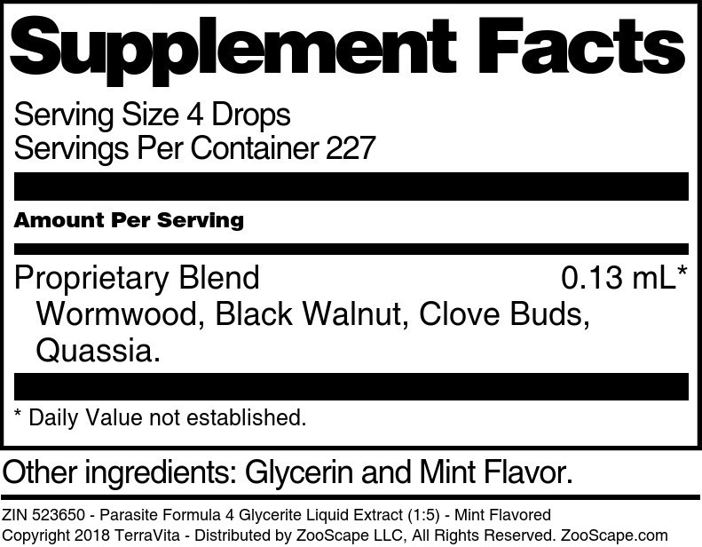 Parasite Formula 4 Glycerite Liquid Extract (1:5) - Supplement / Nutrition Facts