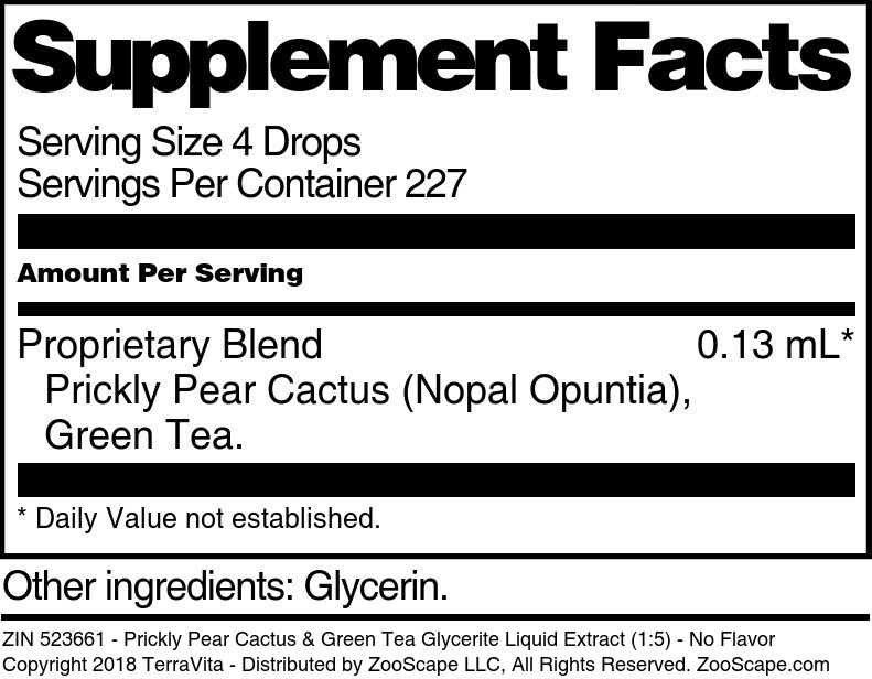 Prickly Pear Cactus & Green Tea Glycerite Liquid Extract (1:5) - Supplement / Nutrition Facts