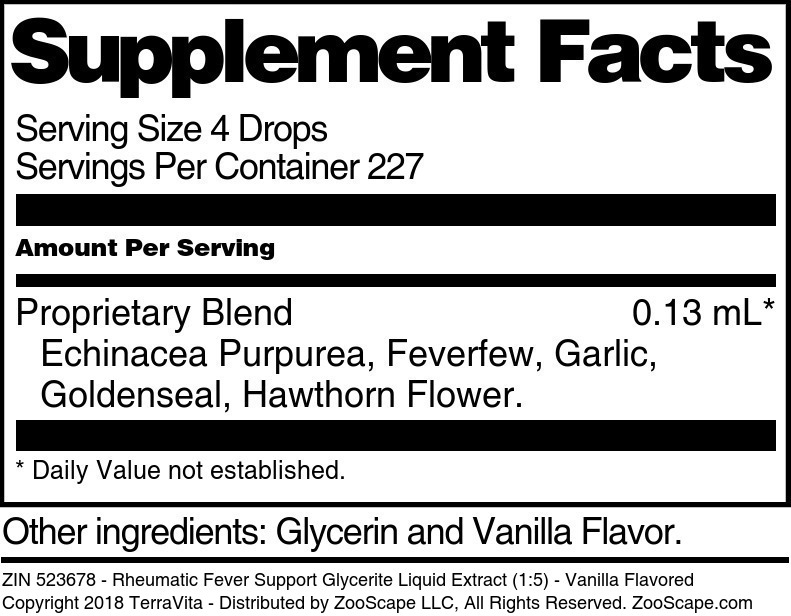 Rheumatic Fever Support Glycerite Liquid Extract (1:5) - Supplement / Nutrition Facts