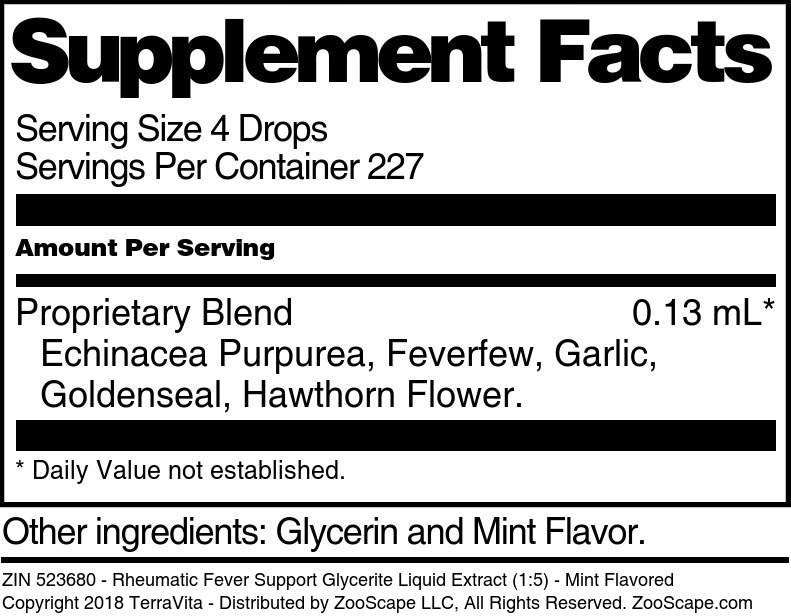 Rheumatic Fever Support Glycerite Liquid Extract (1:5) - Supplement / Nutrition Facts