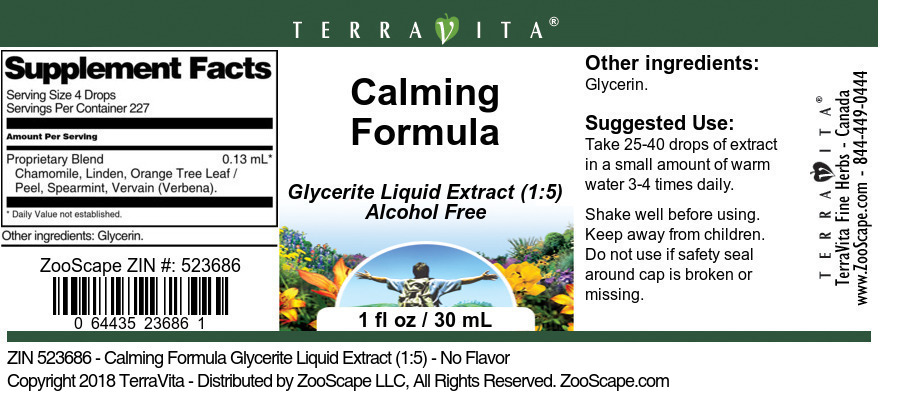 Calming Formula Glycerite Liquid Extract (1:5) - Label