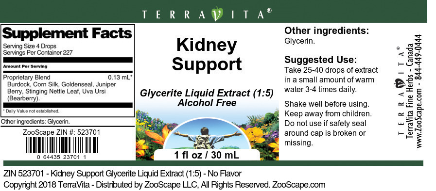 Kidney Support Glycerite Liquid Extract (1:5) - Label