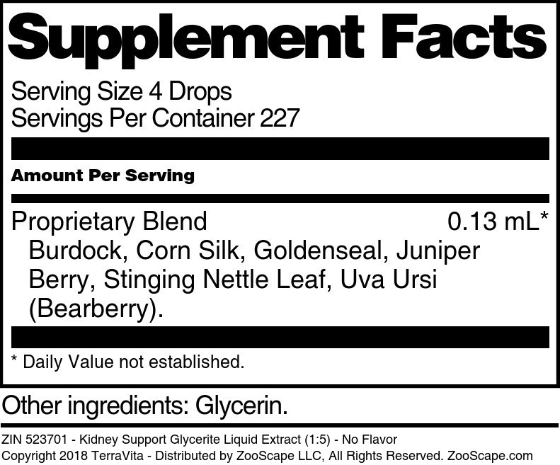 Kidney Support Glycerite Liquid Extract (1:5) - Supplement / Nutrition Facts