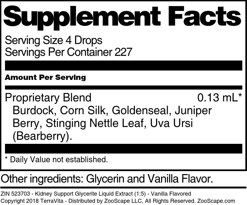 Kidney Support Glycerite Liquid Extract (1:5) - Supplement / Nutrition Facts