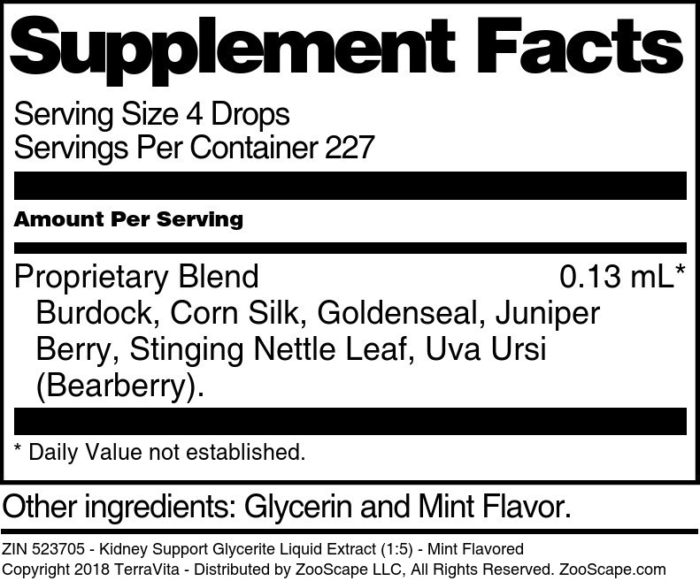 Kidney Support Glycerite Liquid Extract (1:5) - Supplement / Nutrition Facts