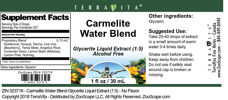 Carmelite Water Blend Glycerite Liquid Extract (1:5) - Label