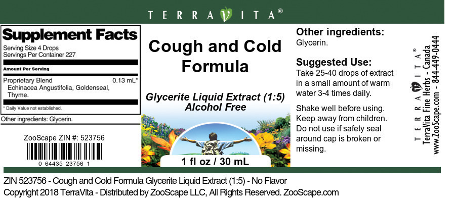 Cough and Cold Formula Glycerite Liquid Extract (1:5) - Label