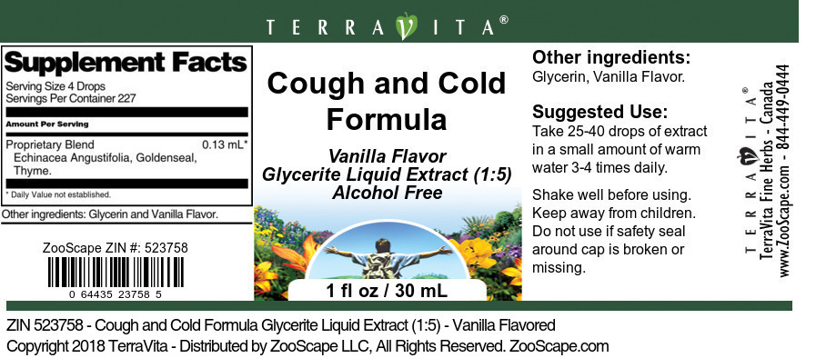 Cough and Cold Formula Glycerite Liquid Extract (1:5) - Label