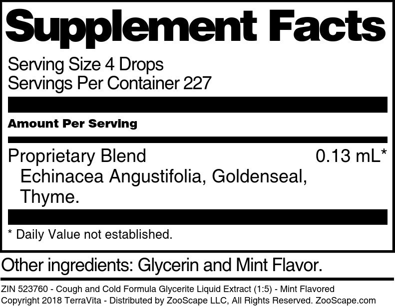Cough and Cold Formula Glycerite Liquid Extract (1:5) - Supplement / Nutrition Facts