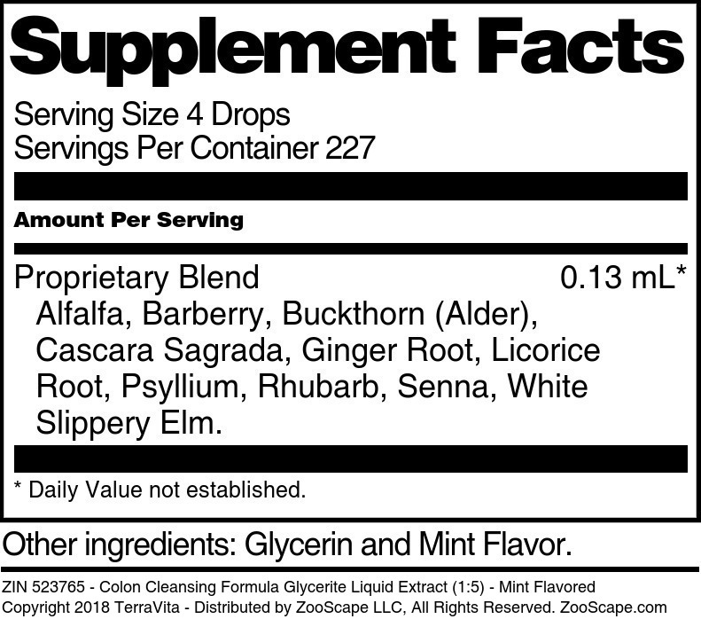 Colon Cleansing Formula Glycerite Liquid Extract (1:5) - Supplement / Nutrition Facts