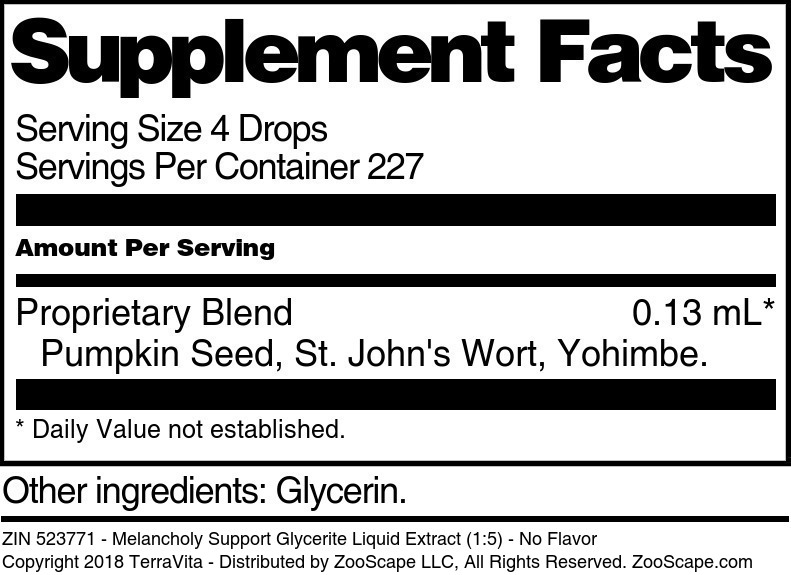 Melancholy Support Glycerite Liquid Extract (1:5) - Supplement / Nutrition Facts